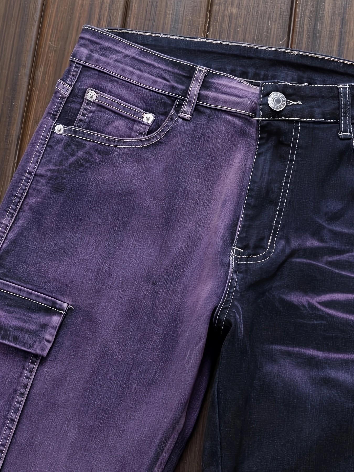 Men’s straight-leg distressed jeans with purple patchwork, European/American fashion trend