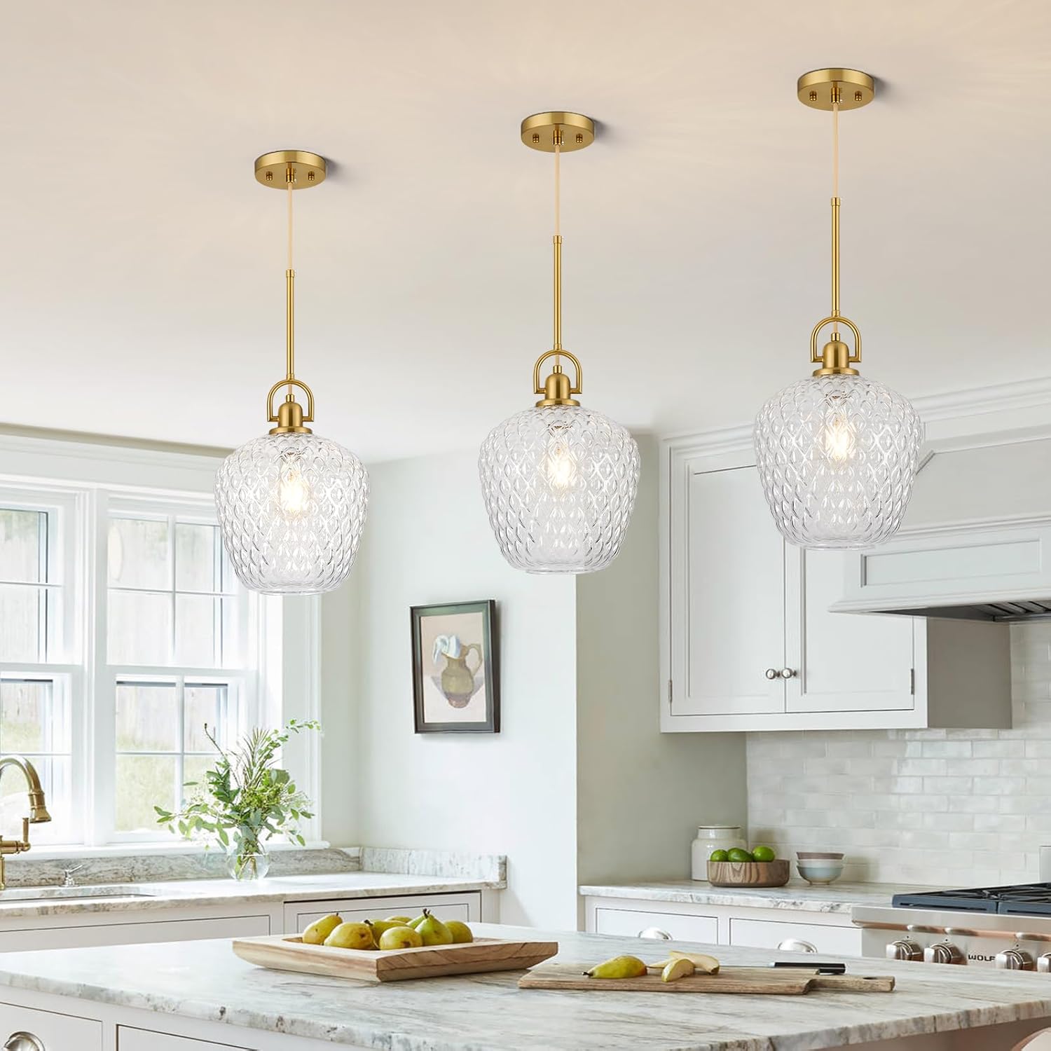 Brushed Gold Pendant Lights Kitchen Island, 10" Large Glass Pendant Light with Hammered Glass Modern Hanging Lighting Fixtures for Kitchen Island Dining Room Entryway Foyer
