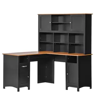 HOMCOM L Shaped Computer Desk with Hutch, 59" Corner Desk, Space Saving Home Office Desk with Storage Shelves, Drawer and Cabinet, Black
