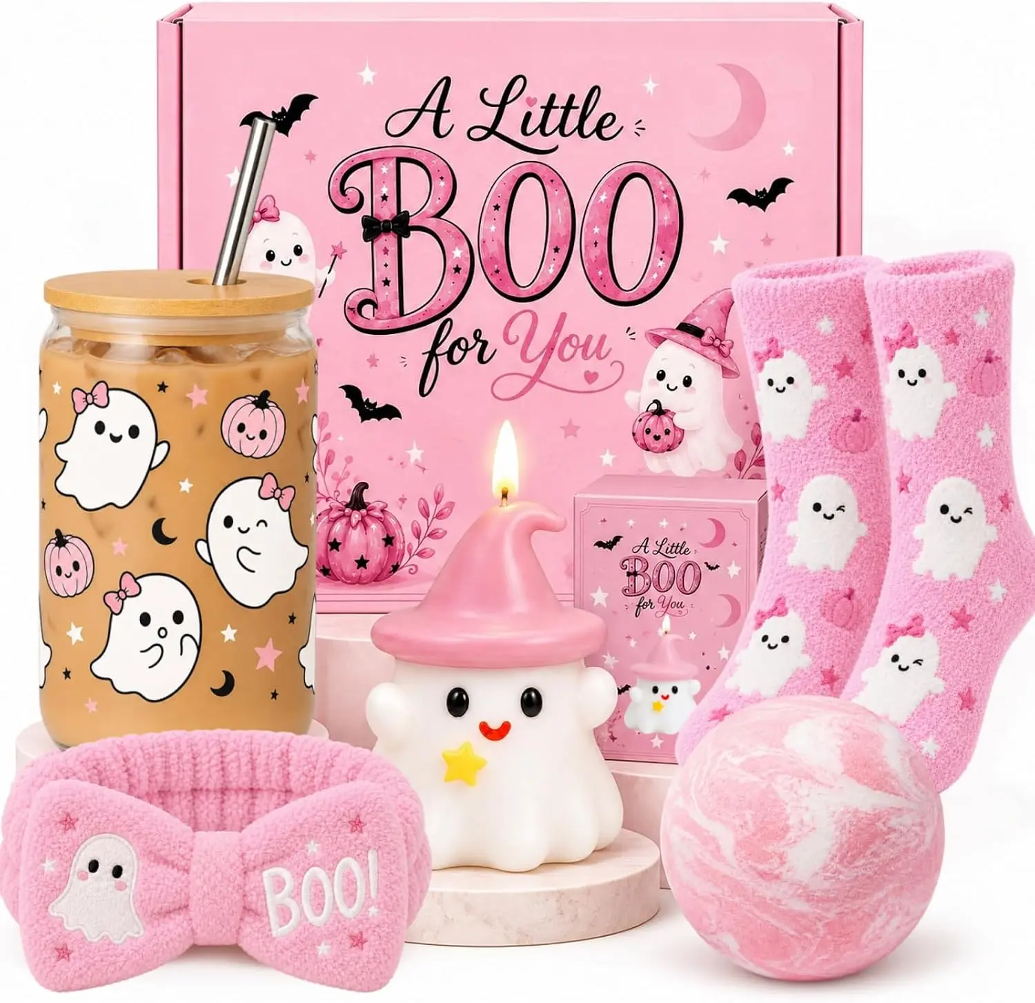 Halloween Fall GIft Pink Halloween Boo Basket Stuffers Gift Set for Women Including Glass Cup Halloween Fall GIft Pink Halloween Boo Basket Stuffers Gift Set for Women Including Glass Cup