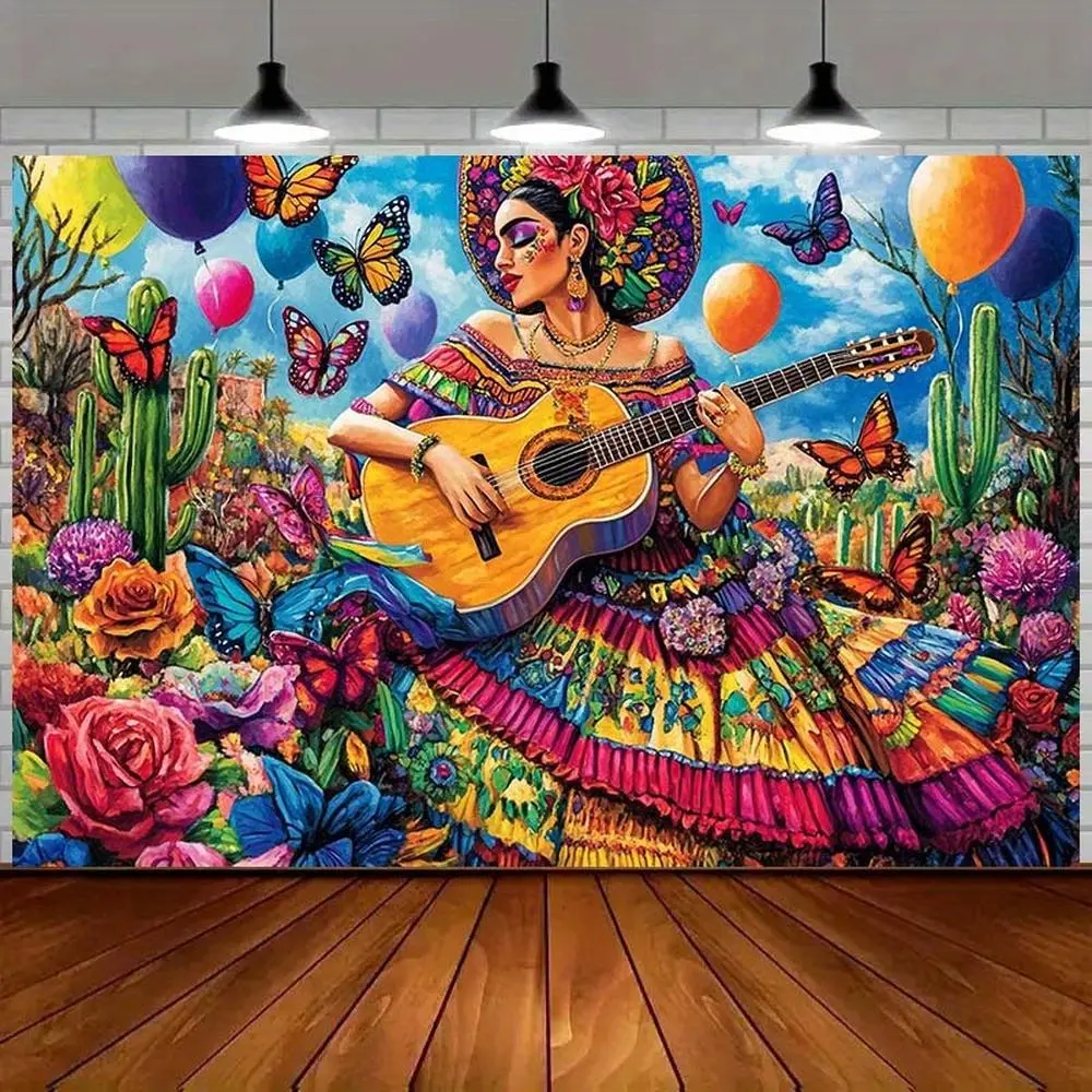 1pc Mexican Folk 1-Piece 2D Flat Textile Throw Wall Hanging Decoration - Traditional Woman in Floral Dress Playing Guitar, Cacti, Balloons, Flowers, No Electricity, Easy-Hang Install, Wedding Glam Decor, White Room Ornaments, Machine Washable