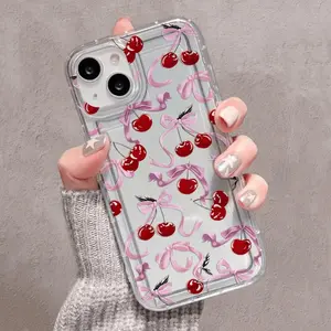 Cherry & Bowknot Pattern Phone Case, Decorative Phone Protector Cover, Phone Accessories Compatible with iPhone 11 12 13 14 15 16 Pro Max