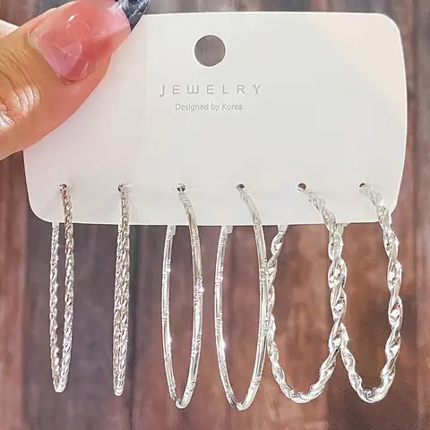 3 Pairs Twisted Glossy Hoop Earrings Exaggerated Plain Circle Silvery Earrings Exquisite Women Hoop Earrings Set Valentine's Day, Mother's Day Party Wedding Engagement Anniversary Jewelry