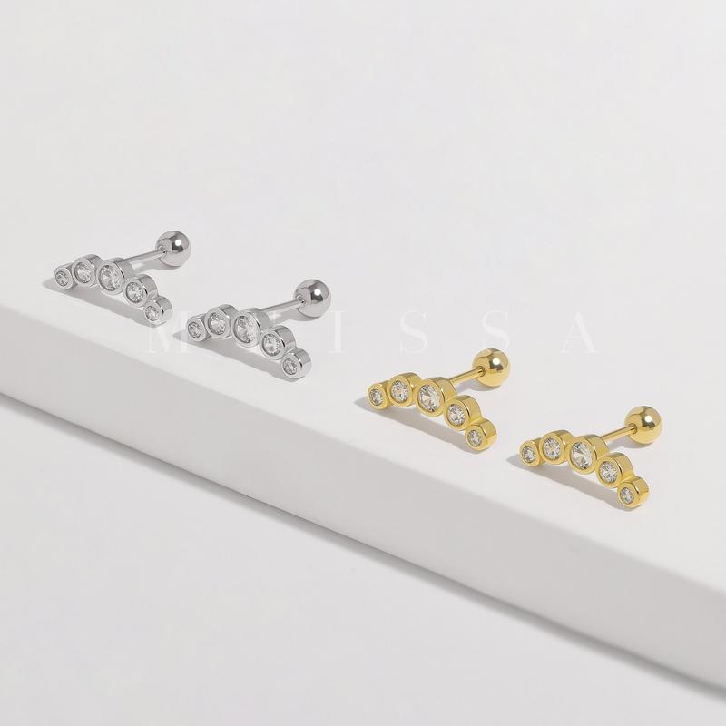 Radiant Cascade Screw Back Earrings, S925 Silver & Gold Dainty Bling Tiny Five CZ 20g Tragus Studs Conch Cartilage Helix 20 Gauge Ball Back Earrings Second Multi Piercings Stackable Hypoallergenic Comfort Sleep On Jewelry Gift Her Women Christmas Birthday