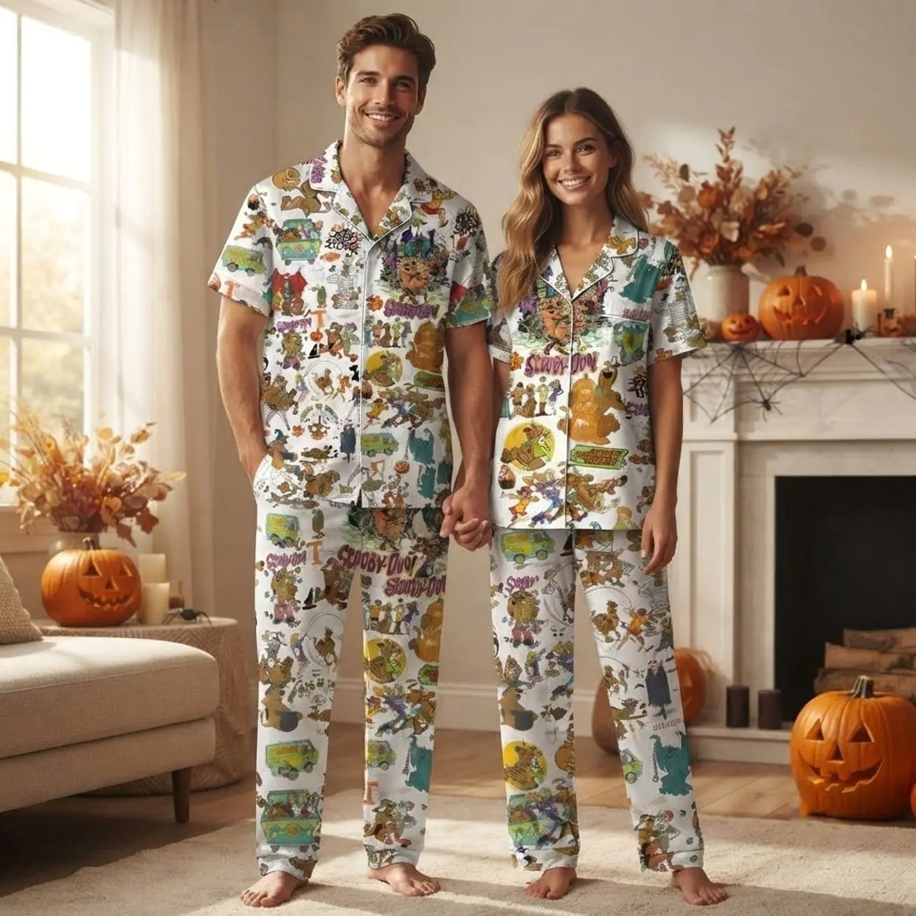 Scooby Doo Spooky White Matching Couples Pajama Set Short Sleeve PJS