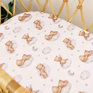 Stretchy Fitted Bassinet Sheet, Soft Breathable Baby Crib Mattress Cover, Universal Fit for Oval/Rectangle/Moses Basket, Cute Cloud Bear Print Nursery Bedding for Newborns