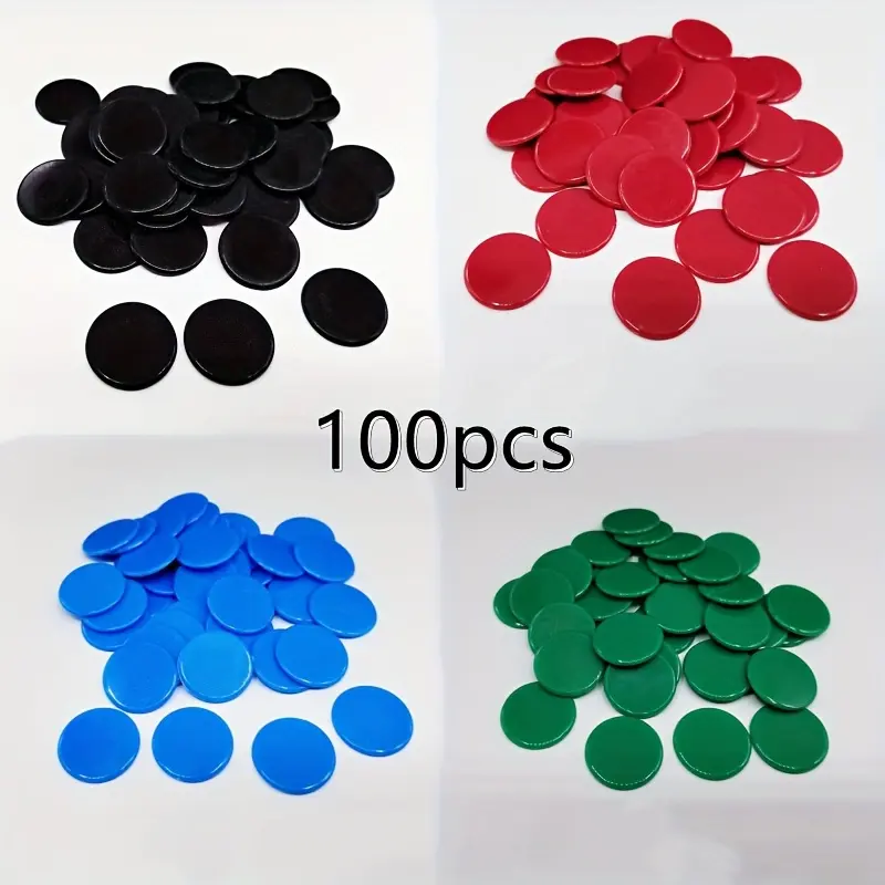 100-Piece Plastic Poker Chips Tokens - 25 Each of 4 Colors (Including Black*25), Family Fun Game Accessories, Circular Chips for Bingo Math Counting