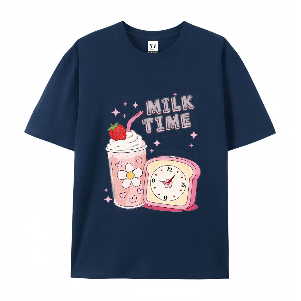 Milk Time Cute Strawberry Milkshake Retro Kawaii Graphic T-Shirt for Men & Women  Top