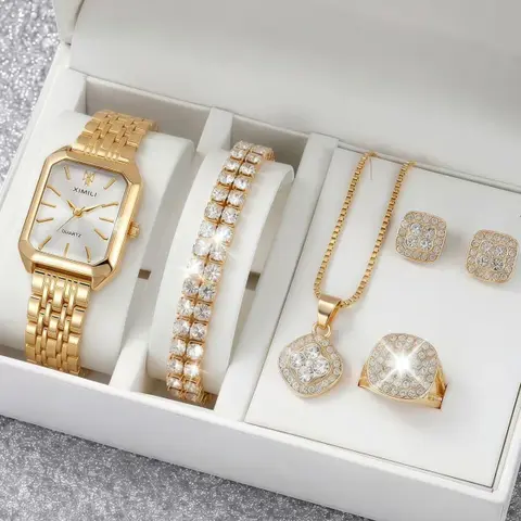 Women's 5-Pcs Gold-Tone Fashion Jewelry & Watch Gift Set - XIMILI Square-Dial Quartz Watch, Clover Rhinestone Bracelet, Necklace, Ring, Earring