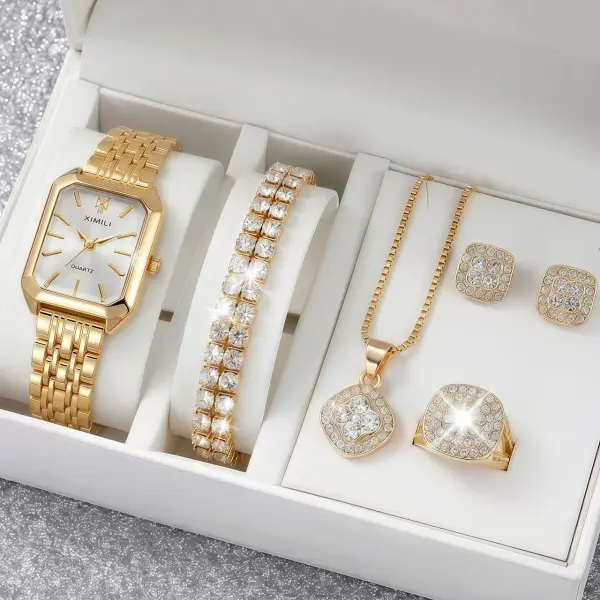 Women's 5-Pcs Gold-Tone Fashion Jewelry & Watch Gift Set - XIMILI Square-Dial Quartz Watch, Clover Rhinestone Bracelet, Necklace, Ring, Earring