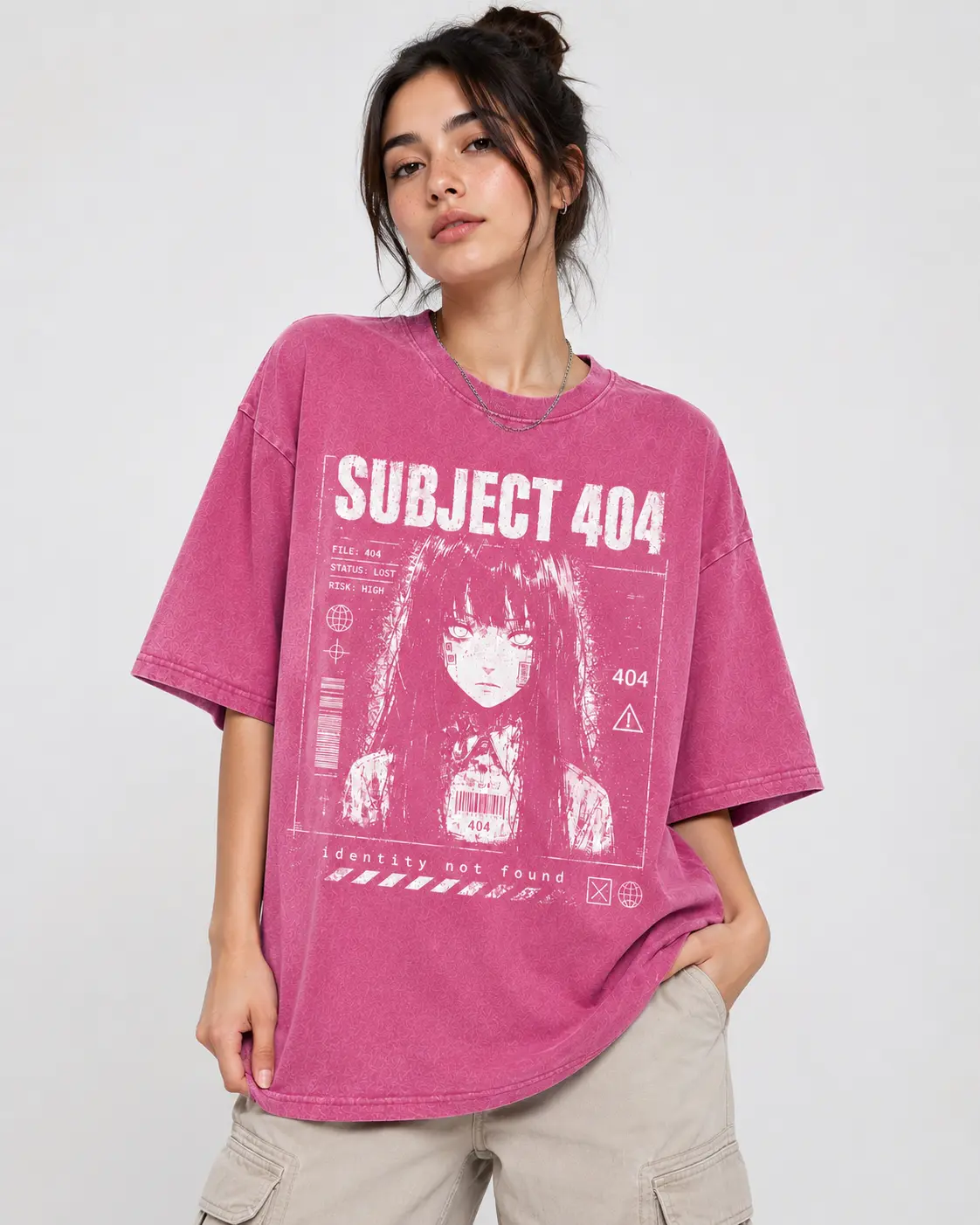 Subject 404 Graphic T-Shirt, Oversized Dark Anime Style Tee, Washed Cyberpunk Glitchcore Streetwear Top for Women Men