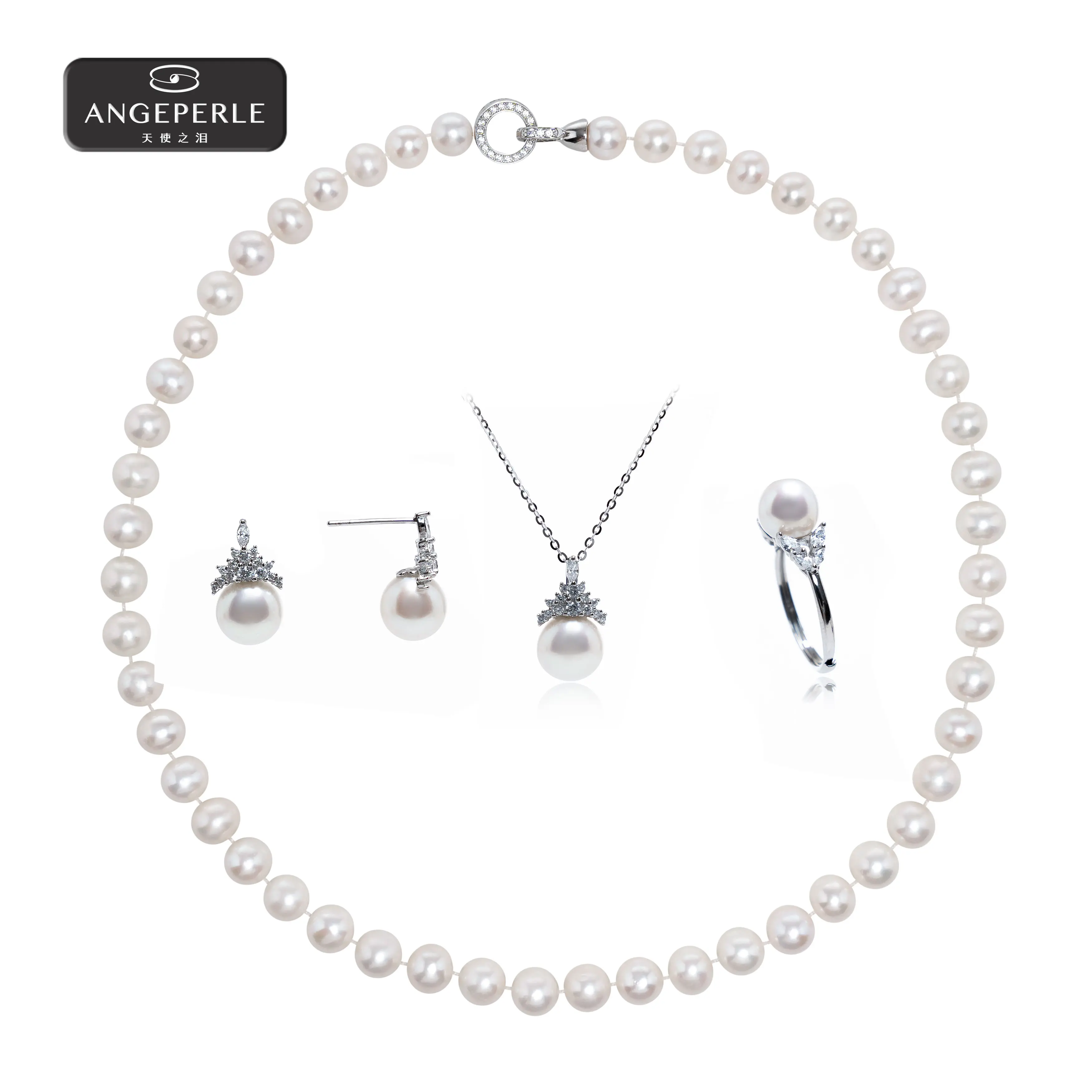 ANGEPERLE S925 Sterling Silver Freshwater Pearl 4-Piece Set 7.5–8.5 mm / 8–9 mm TSJ235