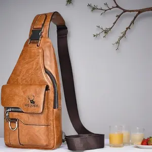 Maxoner Men's Premium PU Leather Vintage Compact Crossbody Chest Bag - Minimalist Plain Chic Casual Style, Zipper Closure, Spacious Multi-Compartment, Waterproof, Local Delivery