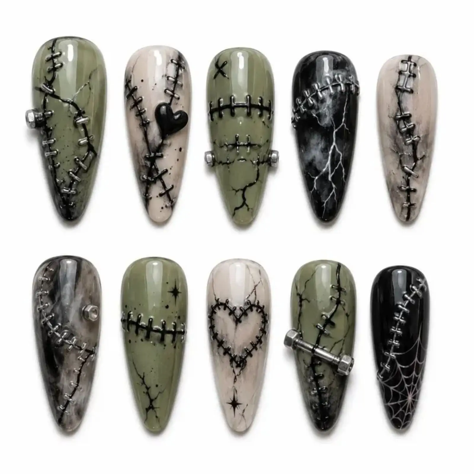 Gothic Stitch Nail Art | Olive Green Black Nails | Horror Halloween Nails | Industrial Grunge Nail Design