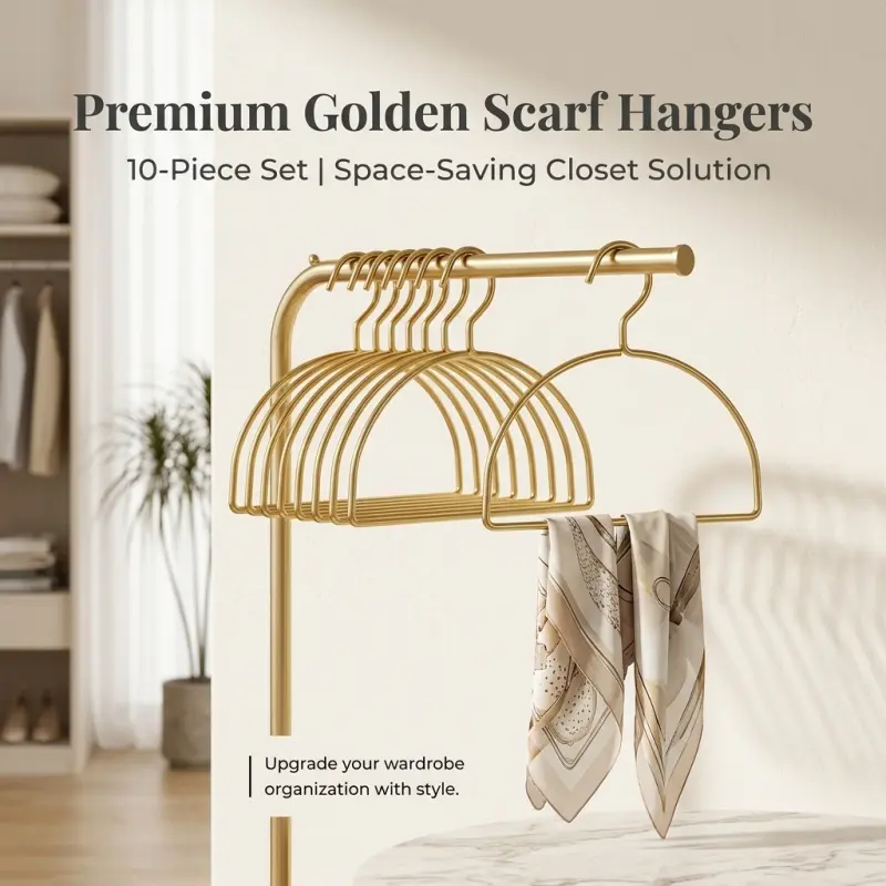 10-Piece Premium Golden Metal Scarf Hanger Set, Space-Saving Closet Organizer for Scarves, Belts & Accessories, Stylish Wardrobe Storage Solution
