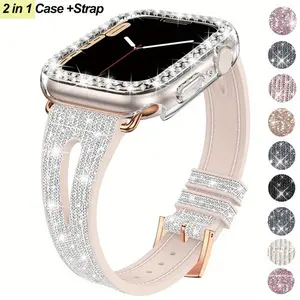 Rhinestone Clear Case, Slim Glitter Watch Strap, Smart Watch Accessories For Apple Watch Bands Series Ultra SE 11 10 9 8 7 6 5 Soft PU Silicone Leatherette Band For iWatch 49mm 46mm 45mm 44mm 42mm Wristband Women
