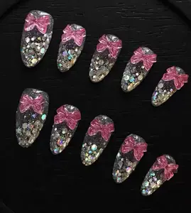 Glitter Almond Shape Nails with Bows