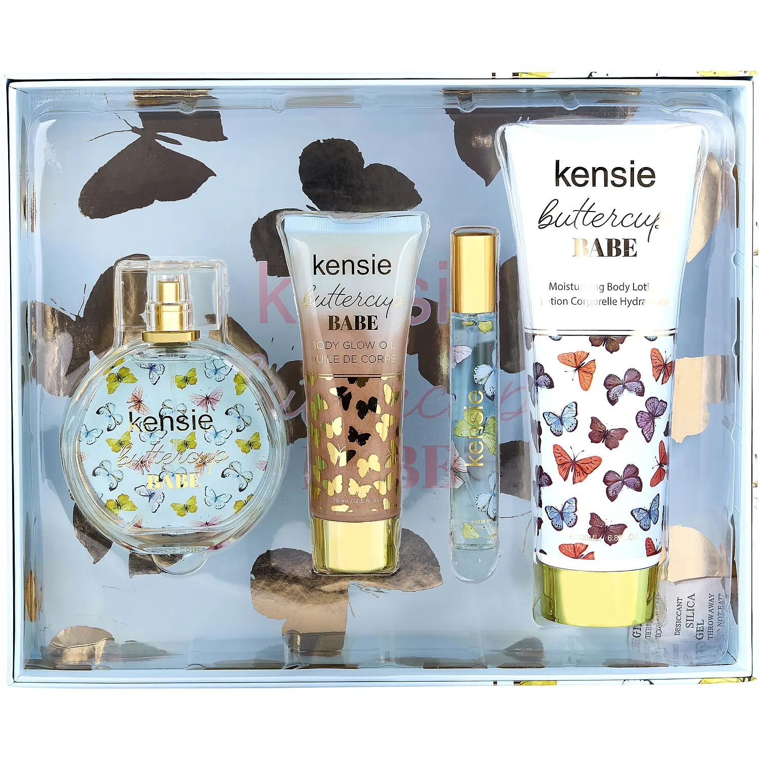 Kensie Buttercup Babe Set-Eau De Parfum Spray 3.4 Oz & Body Lotion 6.8 Oz & Body Glow Oil 2.5 Oz & Eau De Parfum Spray 0.33 Oz Mini For Women