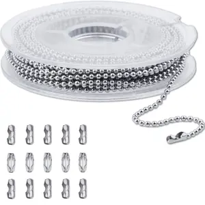 12ft 1.5mm 304 Stainless Steel Beaded Ball Pull Chain Extension Dog Tag Chain with 15 Connectors