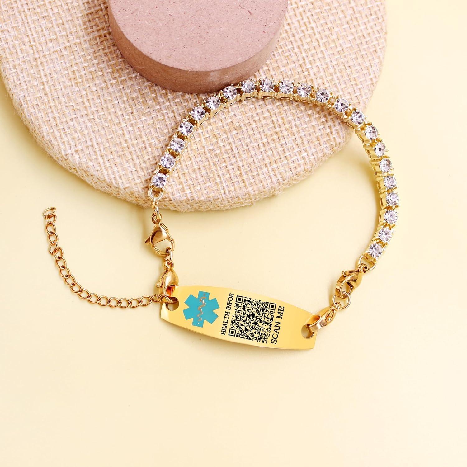 Uloveido Customizable QR Code Medical Alert Tennis Bracelet, Silver and Gold Color Options, Personalized Engraved Health ID Jewelry, Scannable Emergency Contact Wristband for Women Uloveido Customizable QR Code Medical Alert Tennis Bracelet, Silver and Gold Color Options, Personalized Engraved Health ID Jewelry, Scannable Emergency Contact Wristband for Women