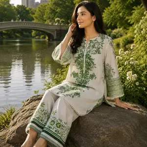 Green and white loan pattern cord kameez shalwar