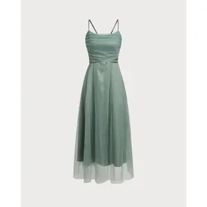Green Mesh Flowy Slip Midi Dress