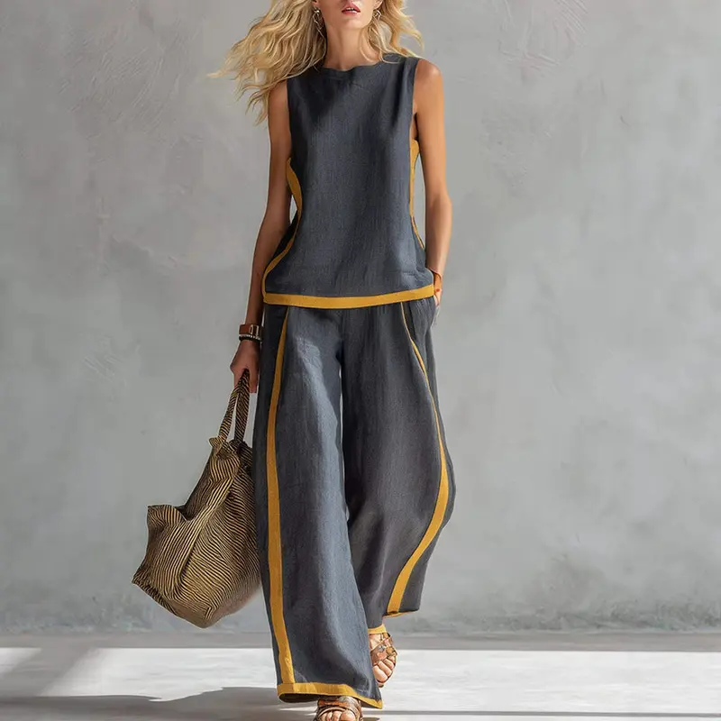 2026 Linen Blend Two Piece Set for Women Sleeveless Color Block Top Wide Leg Pants Set Casual Summer Outfit # LinenSet # WideLegPants # ColorBlock # SummerOutfit # BohoFashion # CasualWear # Outfit of the Day # WomensFashion 1