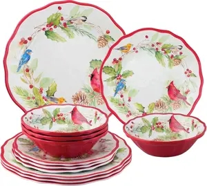12 Piece Winter Birds Melamine Dinnerware Sets, Outdoor Dishes Set, Plates and Bowls Sets, Christmas Decorations, Service for 4, Red