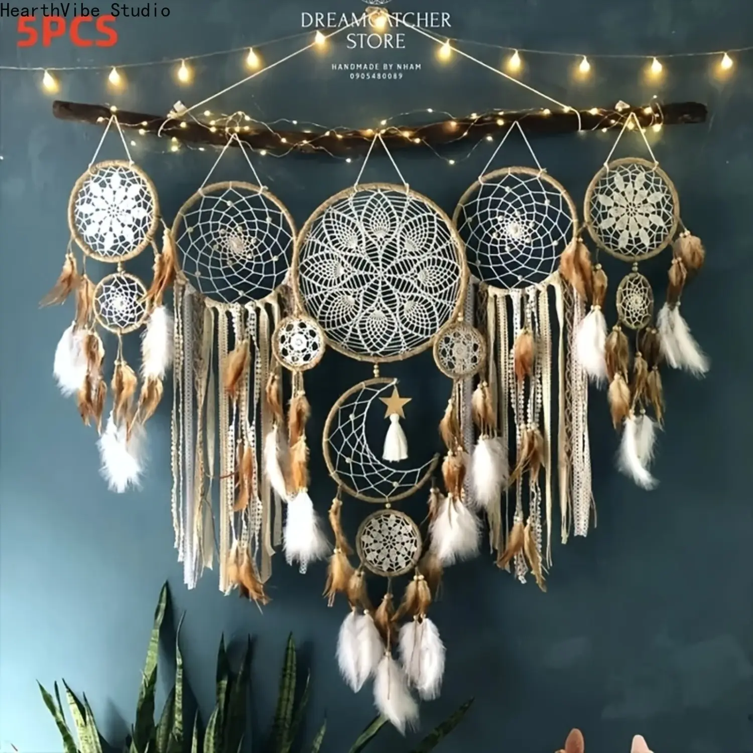 5pcs Large Size Dream Catcher, Handmade Moon Dream Chaser, Beautiful Dream Chaser Wall Decoration Dream Chaser Boho Wall Decoration Moon And Sun Sweet Dream Bed Decoration (camel Color, Not Included, Lamp, Stick), Best for Christmas, Thanksgiving