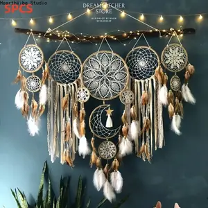 5pcs Large Size Dream Catcher, Handmade Moon Dream Chaser, Beautiful Dream Chaser Wall Decoration Dream Chaser Boho Wall Decoration Moon And Sun Sweet Dream Bed Decoration (camel Color, Not Included, Lamp, Stick), Best for Christmas, Thanksgiving