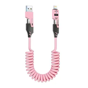 65W 4-in-1 Retractable Fast Charging Cable, USB A/Type C to USB C/Lightning PD Charger Cord for Travel Office