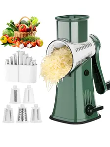 Haven Homeware Rotary Cheese Grater with Handle - Vegetable Chopper With Reinforced Suction & 5 Interchangeable Blades / Stainless Steel - Green/Black
