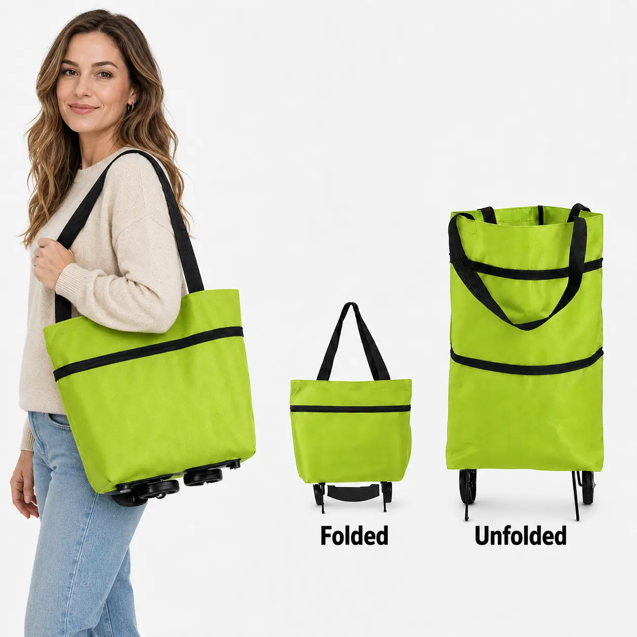 2-in-1 Foldable Rolling Shopping Bag with Wheels, Reusable Grocery Tote & Portable Shopping Trolley, Lightweight Collapsible Cart with Carry Handles for Supermarket, Laundry, Travel and Daily Errands