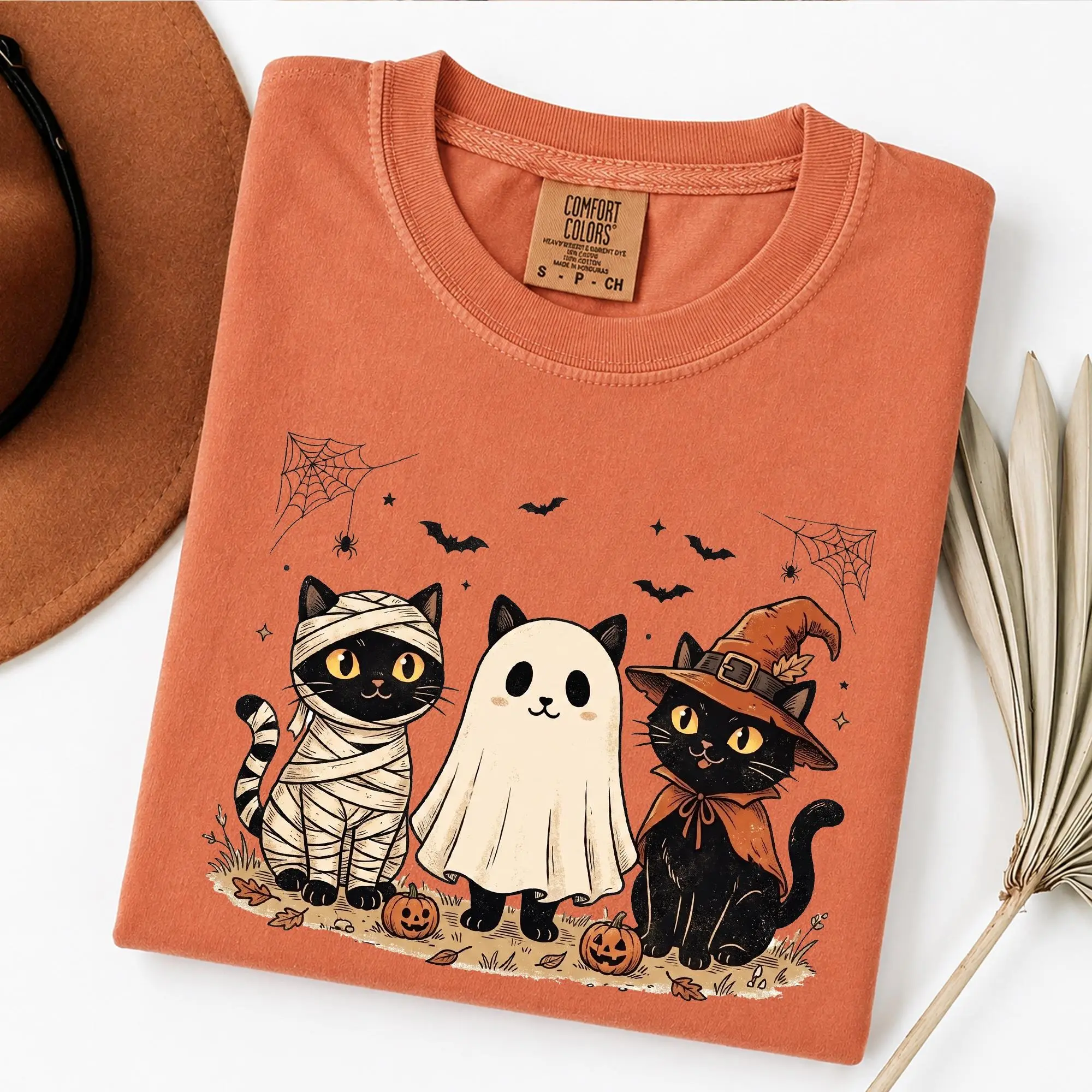 Comfort Colors Halloween Cat Shirt - Cute Mummy Cat, Ghost Cat And Witch Cat With Pumpkins, Bats, Spiderwebs And Fall Leaves Graphic, Vintage Spooky Season Tee For Women, Pumpkin Patch Outfit, Halloween Party Gift For Cat Moms And Black Cat Lovers Top