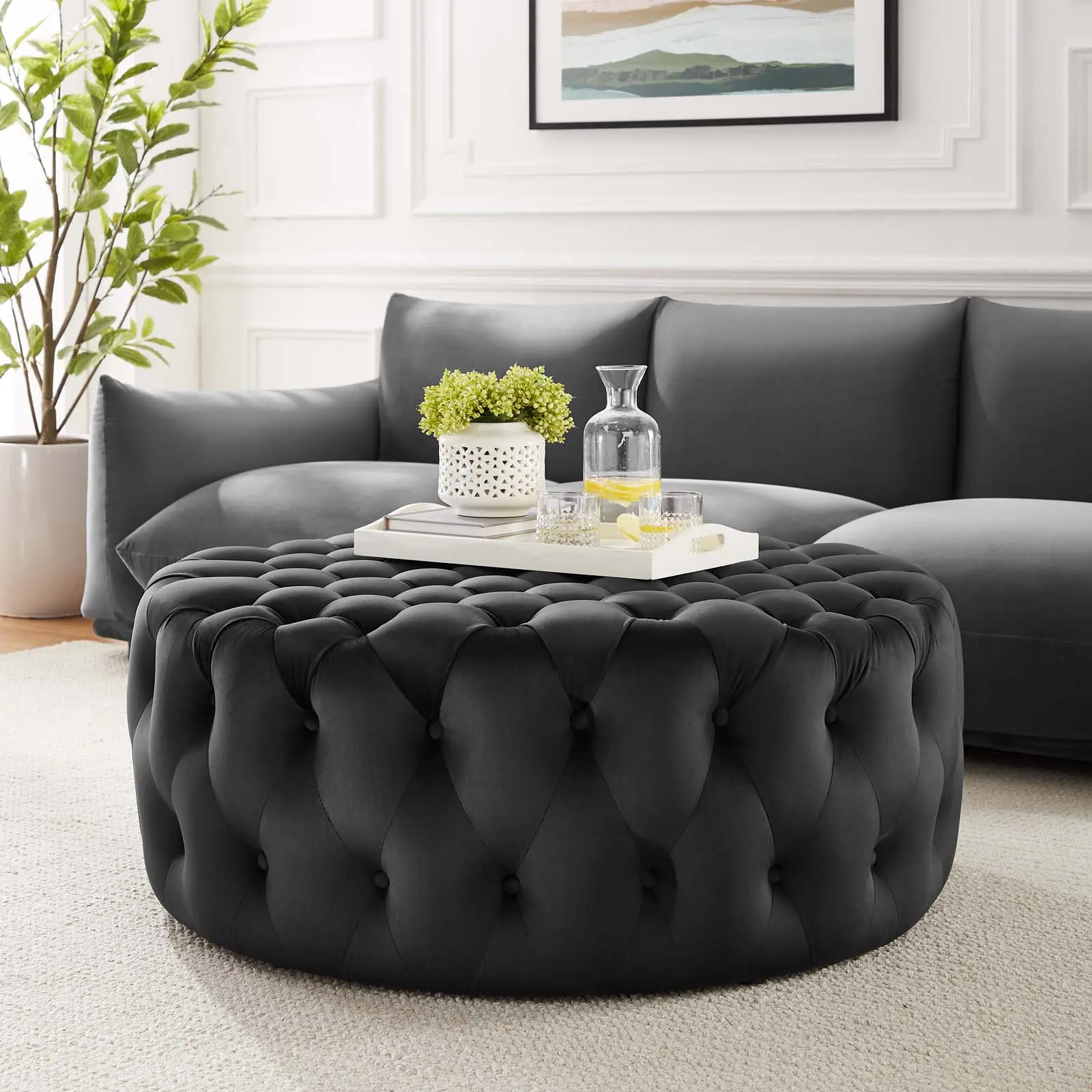 Modway Amour Tufted Button Large Round Performance Velvet Ottoman, Modern Design Furniture for Lounge Use, Black, Home