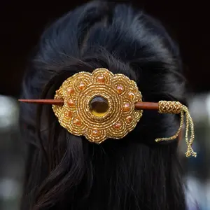 Golden Nugget - Beaded Hair Barrette in Boho Gold - Handmade by Huichol Artisans - Mother Sierra