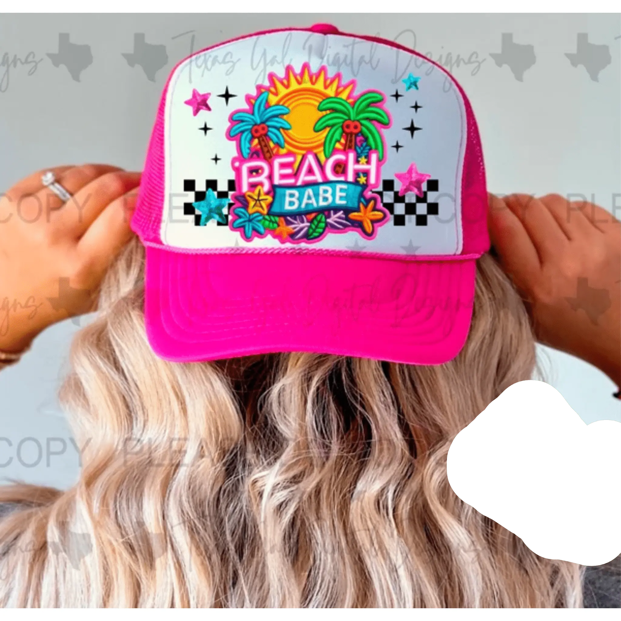 RTS BEACH BABE SUNSHINE CHECKER DTF DIRECT TO FILM transfers HAT SIZE  (HAT NOT INCLUDED)  32-A