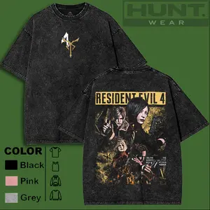 Resident Evil 4 Remake Hoodie & T-Shirt Leon & Ada Graphic, Vintage Acid Wash Apparel, Survival Horror Game Merch, Gold Poster Pullover, Unisex Cotton Top