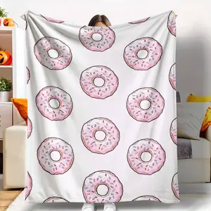 Pink Donut Pattern Flannel Blanket Cartoon Sweet Dessert Print Soft Cozy Lightweight Throw Warm Plush Bedding for Bedroom Living Room Office Sofa Decor Travel Gift Lounge Use