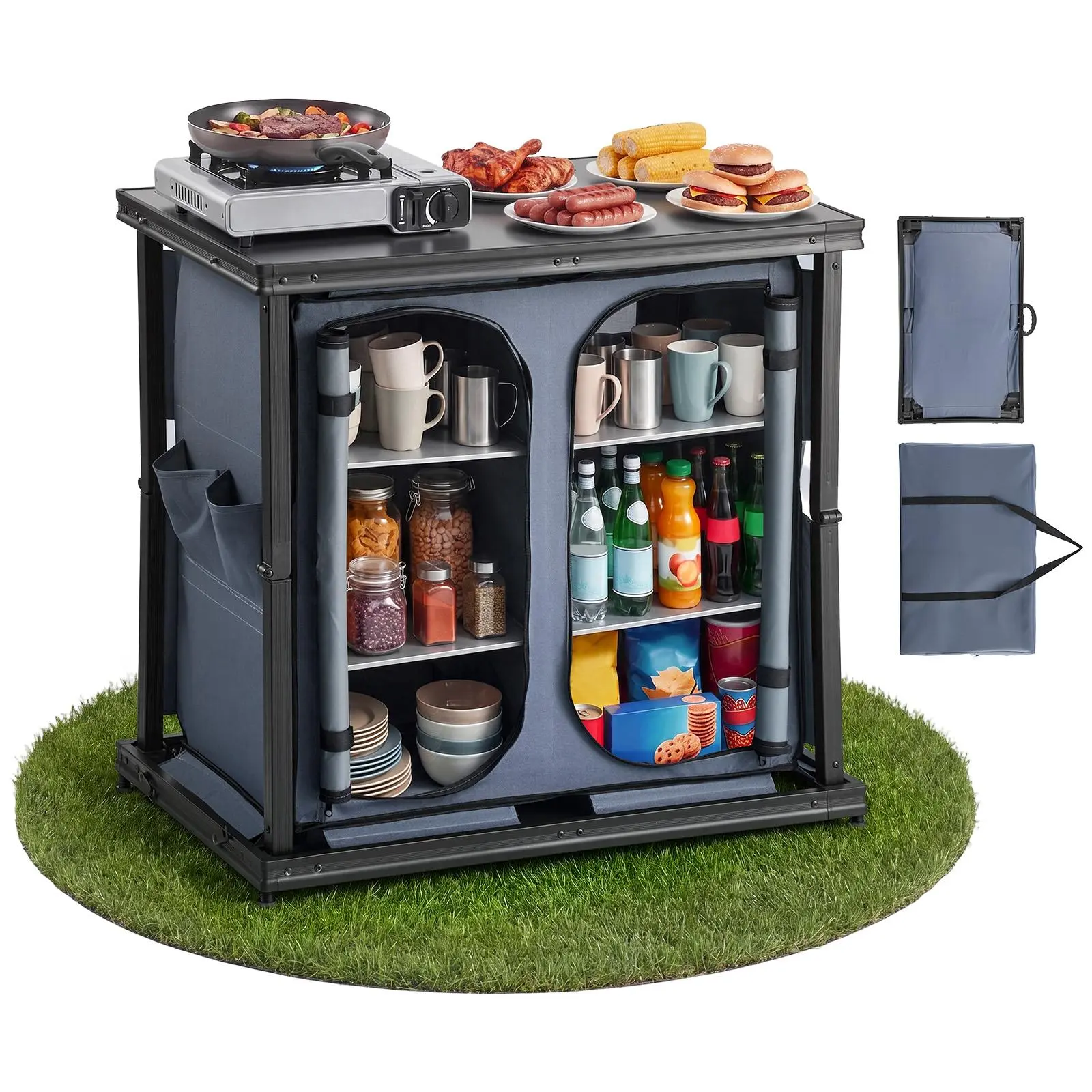 VEVOR Foldable Camping Table & Storage Cabinet, Outdoor Portable Aluminum Alloy Lightweight Cook Station, Quick Setup, Compact Folded, 6 Shelves, Round Corners, with Carry Bag, for Camping, BBQ, Floor Cover Legs#BackToSchool