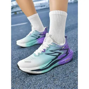 Unisex Running Shoes Neon Gradient Jacquard Print, Comfortable Lining Breathable, Shock Absorption Soft Foam, Carbon Plate, Anti-Slip Sole