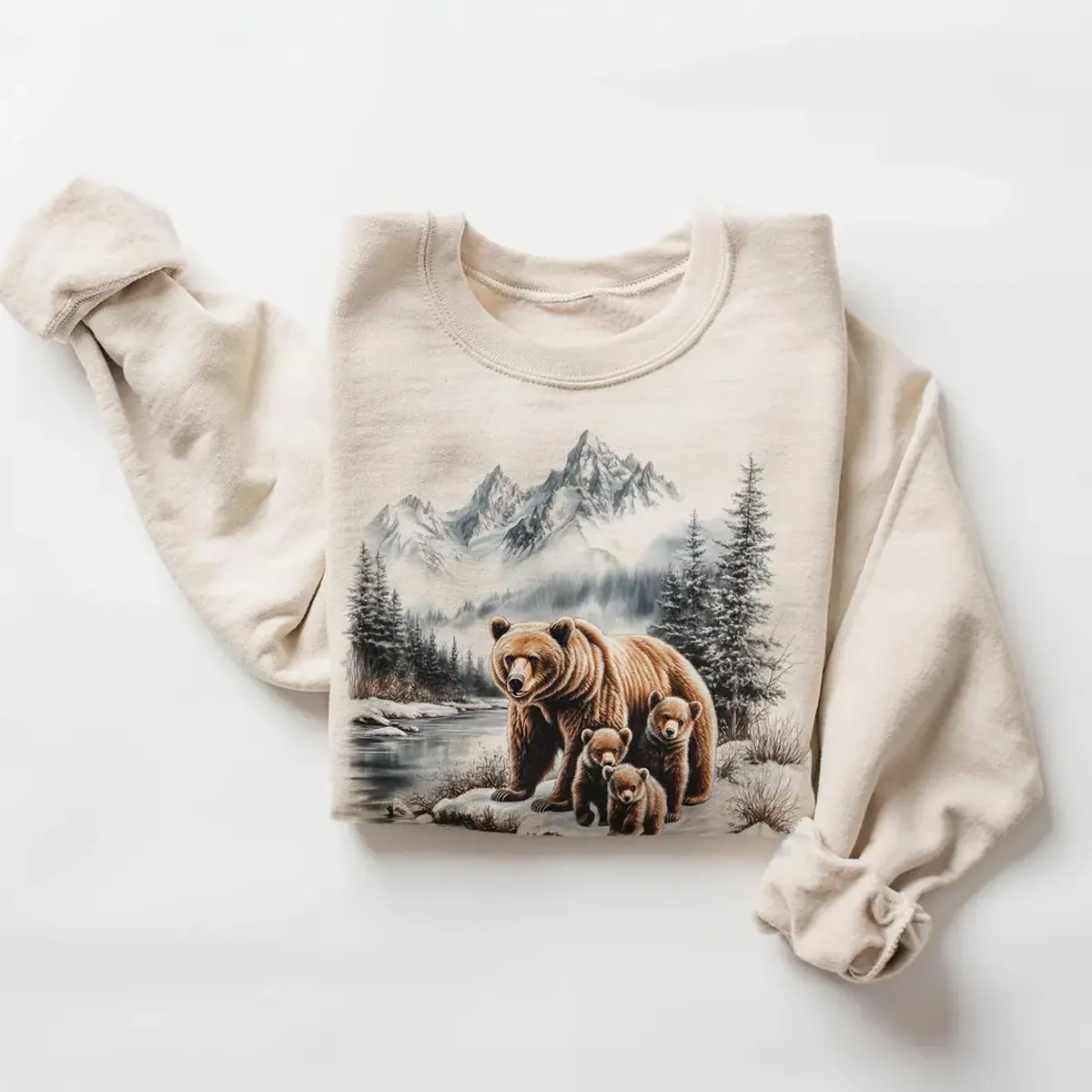 Retro Grizzly Bear Mama & Three Cubs Mountain Scene Sweatshirt - Nineties 90s Vintage Brown Bears Outfit - Mama Bear Boho Unisex Crewneck Sweatshirt