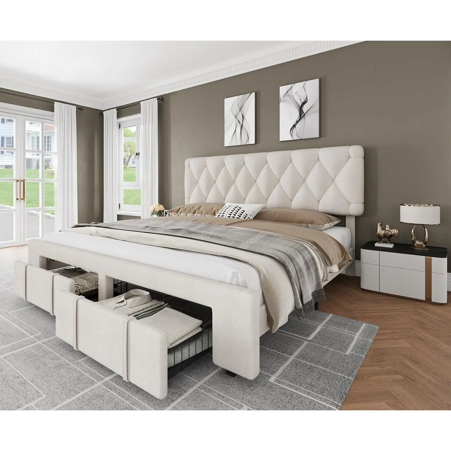 Garvee Contemporary King Size Bed Frame - Upholstered Platform Bed with Storage Drawers, Engineered Wood Slats Support, No Box Spring Needed, Beige, for Contemporary Home Decor, Sleek Sleep & Silent Use, Upholstered Bed Frames