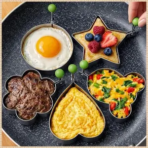 🍳 4 Pack Stainless Steel Egg & Pancake Molds, Heart Star Cloud Shapes Rings for Creative Breakfast