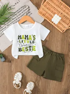Casual Summer Set for Baby Boys 6-36m, Baby Clothing, Short Sleeve Letter Print T-Shirt, Military Pocket Shorts, Comfortable Kids