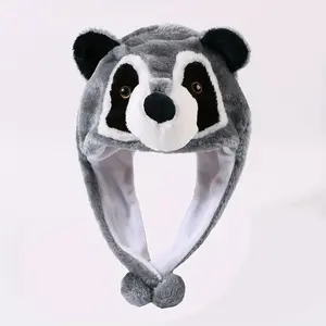 Unisex Winter Cartoon Raccoon Polyester Plush Hat - Polyester Clothing, Fashionable Warm Furry Cap, Woven Craftsmanship, Lightweight Non-Stretch Fit, Outdoor Cycling Streetwear Accessory (1pc)