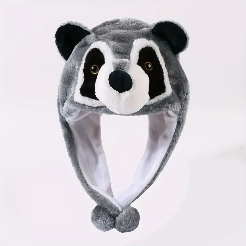 Unisex Cartoon Raccoon Face Furry Winter Hat - Lightweight Plush Polyester, Woven Craft, Casual Streetwear Fashion Accessory, Do Not Wash