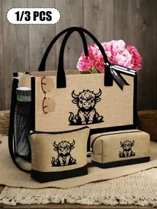 Highland Cow Print Beach Bag Set, & Handbag Combo, Large Capacity Adjustable Shoulder Bag, Travel Storage Bag, Gift for Women, Commuter Tote Bag