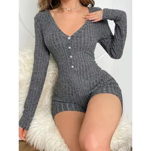Button Front Ribbed Knit Lounge Romper
