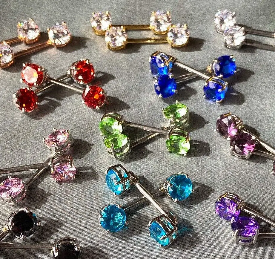 PAIR Double Round Gem 9/16" (14mm) Nipple Rings Barbells 14g 14 gauge